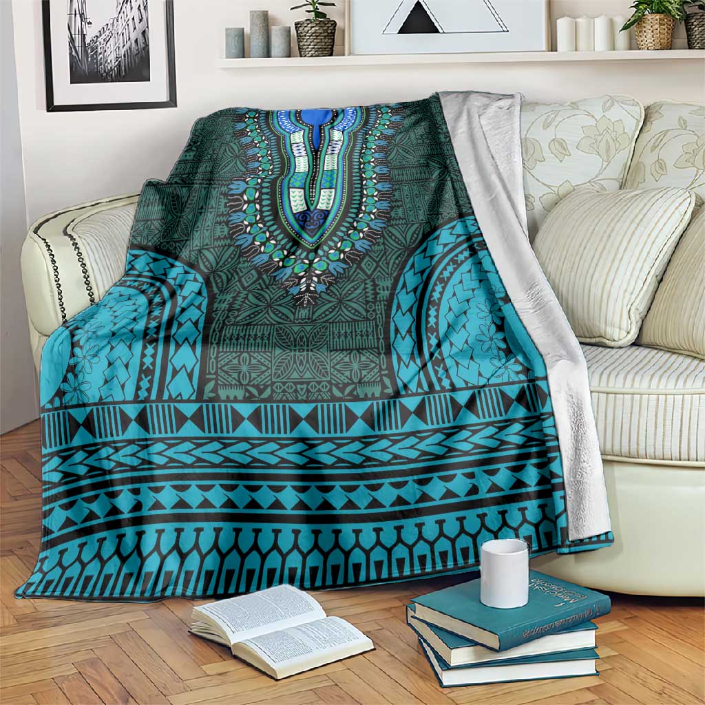 Teal Dashiki and Tapa Pattern Blanket Africa-Polynesia Together Culture LT9