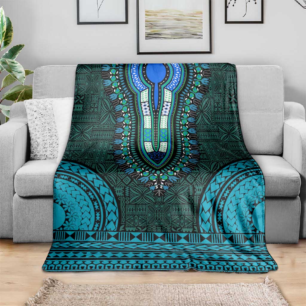 Teal Dashiki and Tapa Pattern Blanket Africa-Polynesia Together Culture LT9