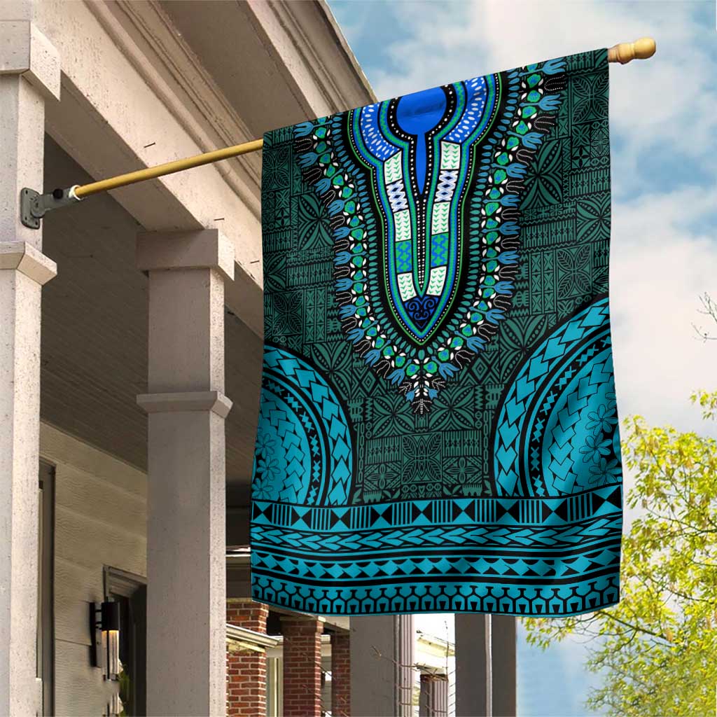Teal Dashiki and Tapa Pattern Garden Flag Africa-Polynesia Together Culture LT9