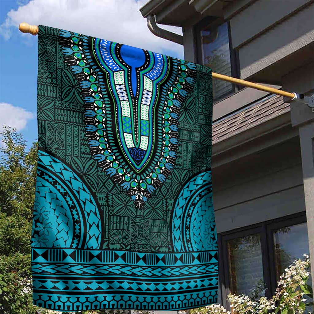 Teal Dashiki and Tapa Pattern Garden Flag Africa-Polynesia Together Culture LT9