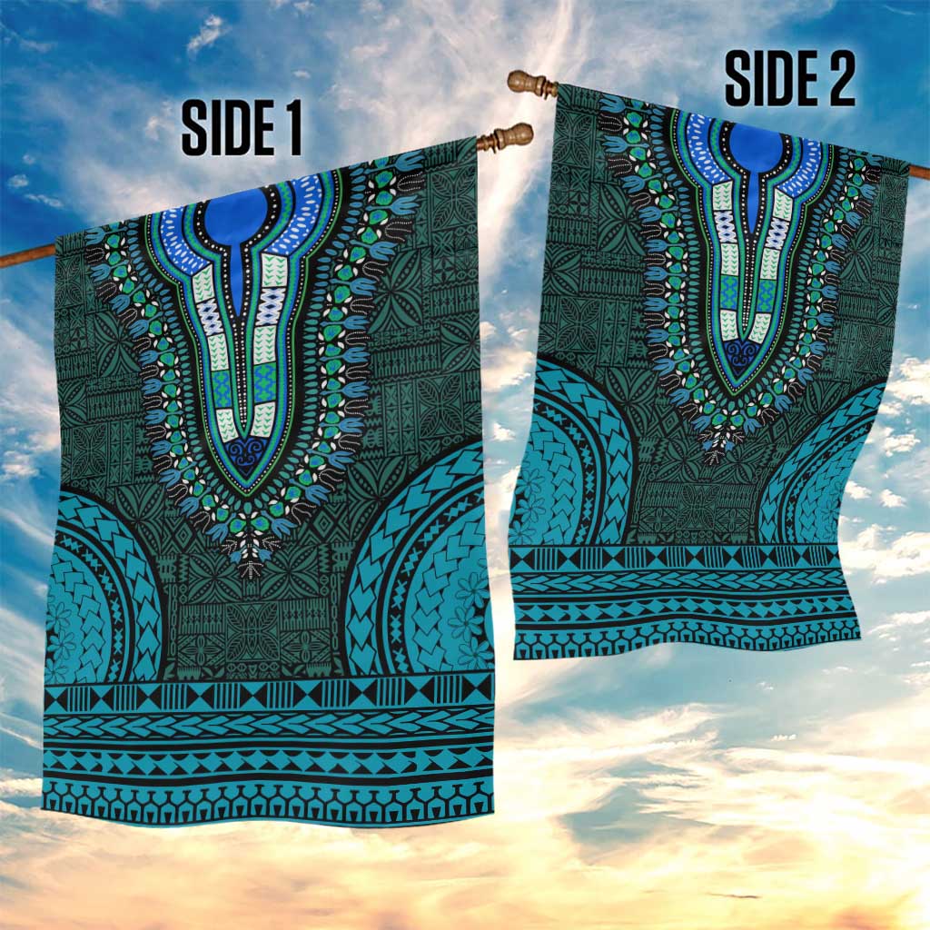 Teal Dashiki and Tapa Pattern Garden Flag Africa-Polynesia Together Culture LT9