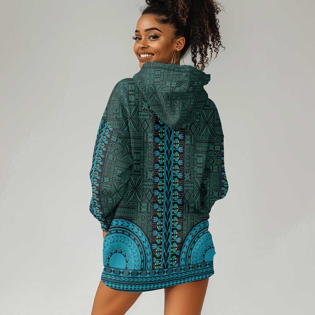 Teal Dashiki and Tapa Pattern Hoodie Dress Africa-Polynesia Together Culture LT9
