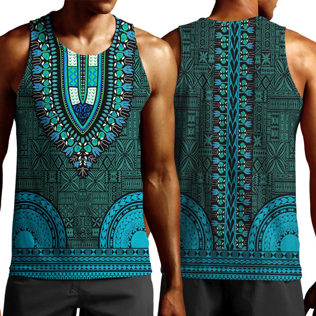 Teal Dashiki and Tapa Pattern Men Tank Top Africa-Polynesia Together Culture LT9