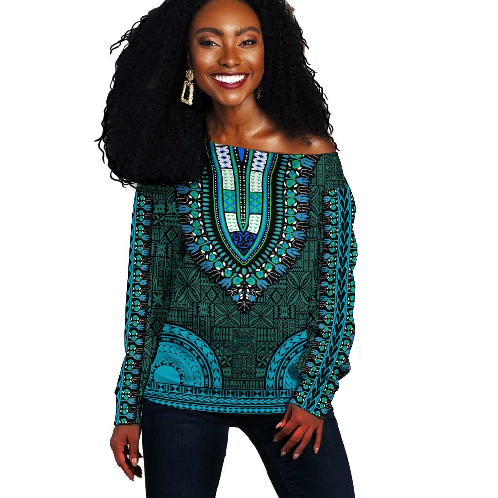 Teal Dashiki and Tapa Pattern Off Shoulder Sweater Africa-Polynesia Together Culture LT9