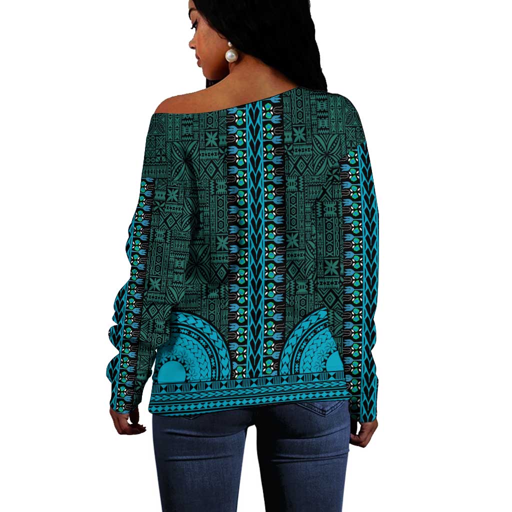 Teal Dashiki and Tapa Pattern Off Shoulder Sweater Africa-Polynesia Together Culture LT9
