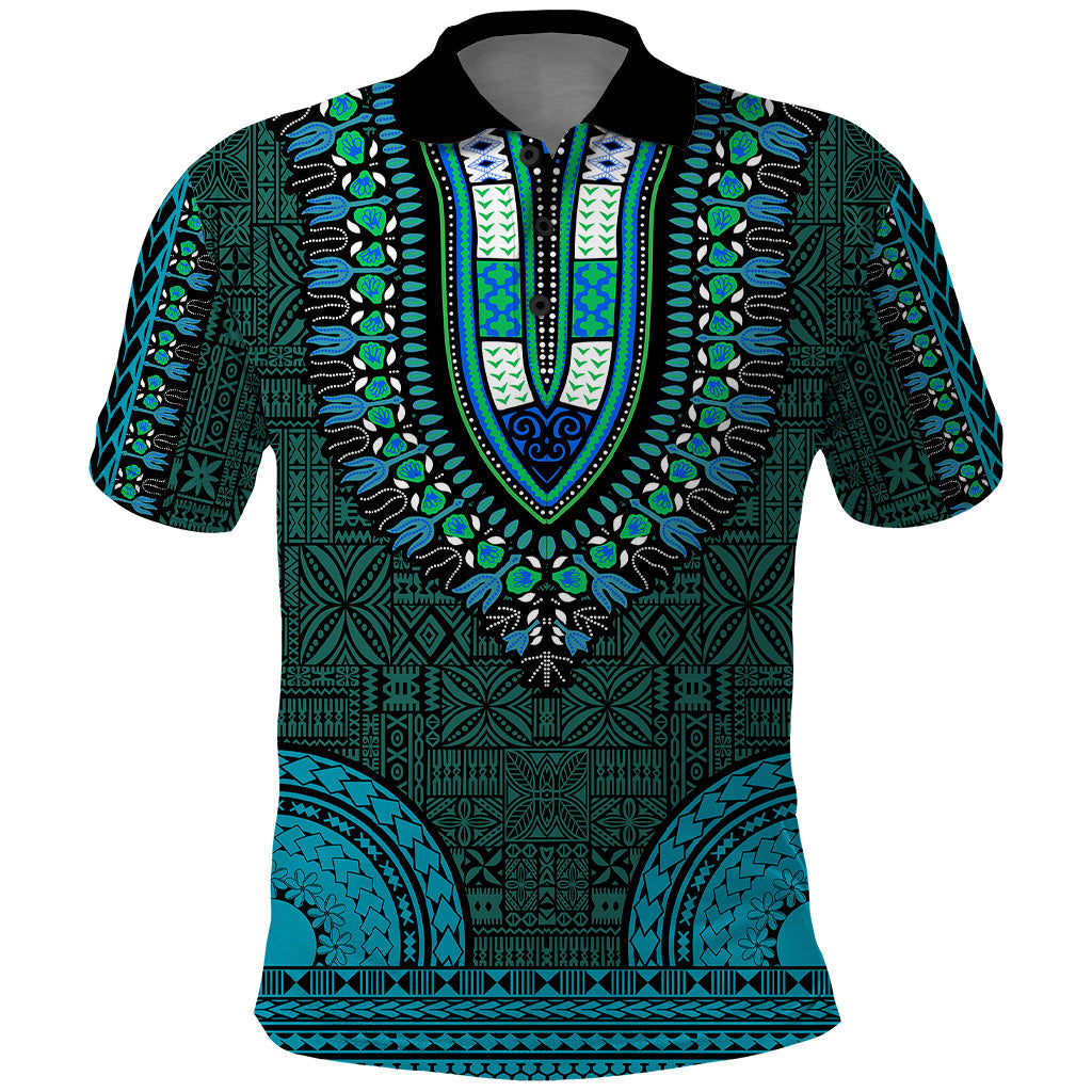 African Dashiki Polo Shirt With Tapa Pattern - Teal LT9