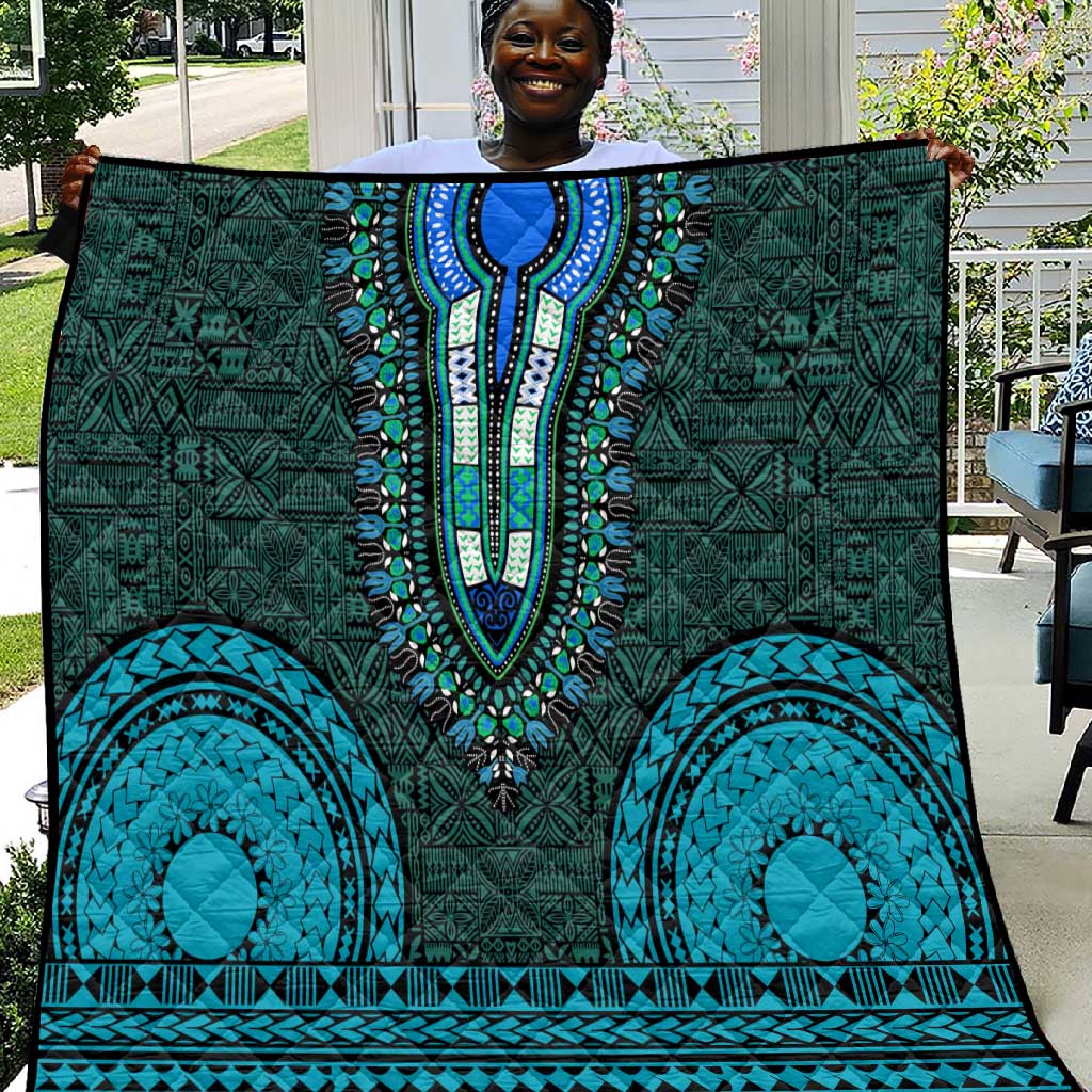 Teal Dashiki and Tapa Pattern Quilt Africa-Polynesia Together Culture LT9