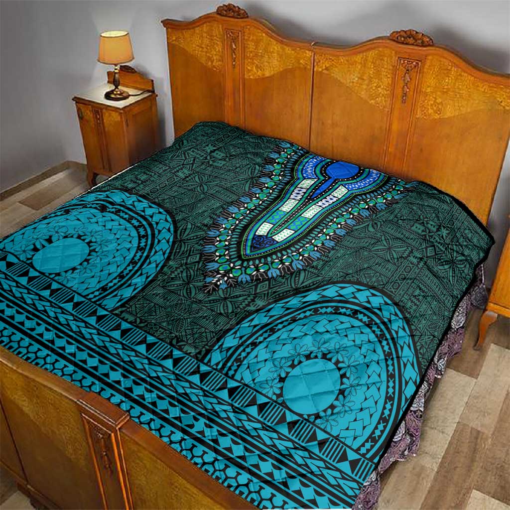 Teal Dashiki and Tapa Pattern Quilt Africa-Polynesia Together Culture LT9