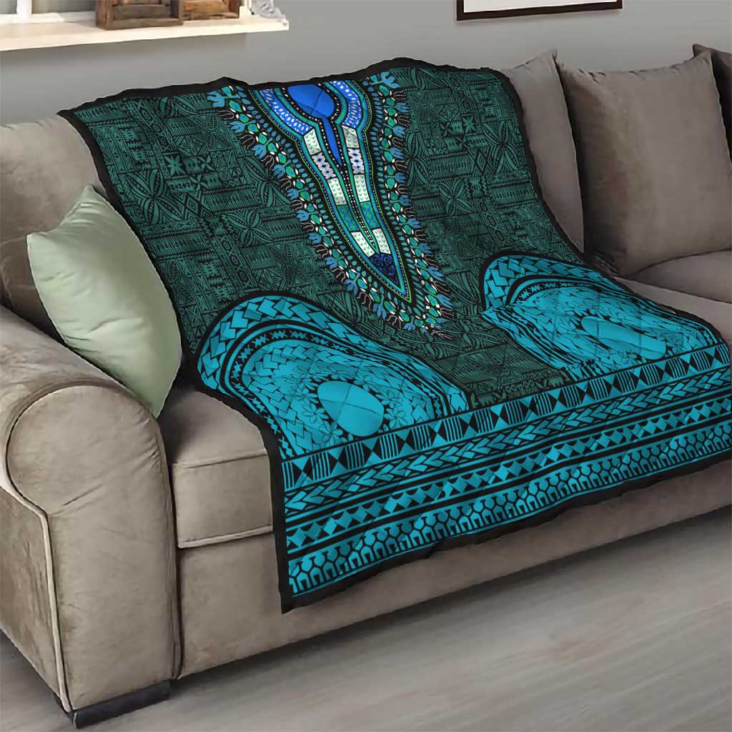 Teal Dashiki and Tapa Pattern Quilt Africa-Polynesia Together Culture LT9