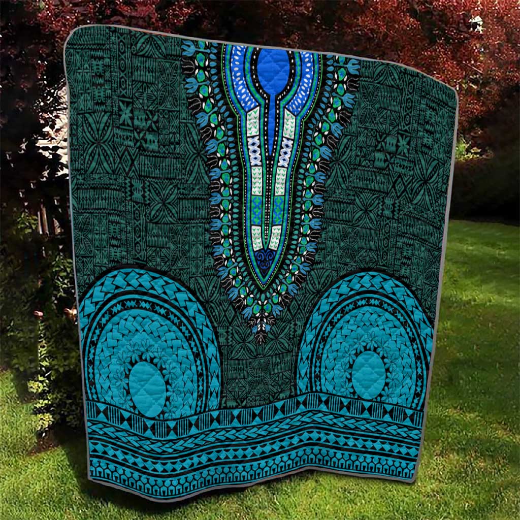 Teal Dashiki and Tapa Pattern Quilt Africa-Polynesia Together Culture LT9