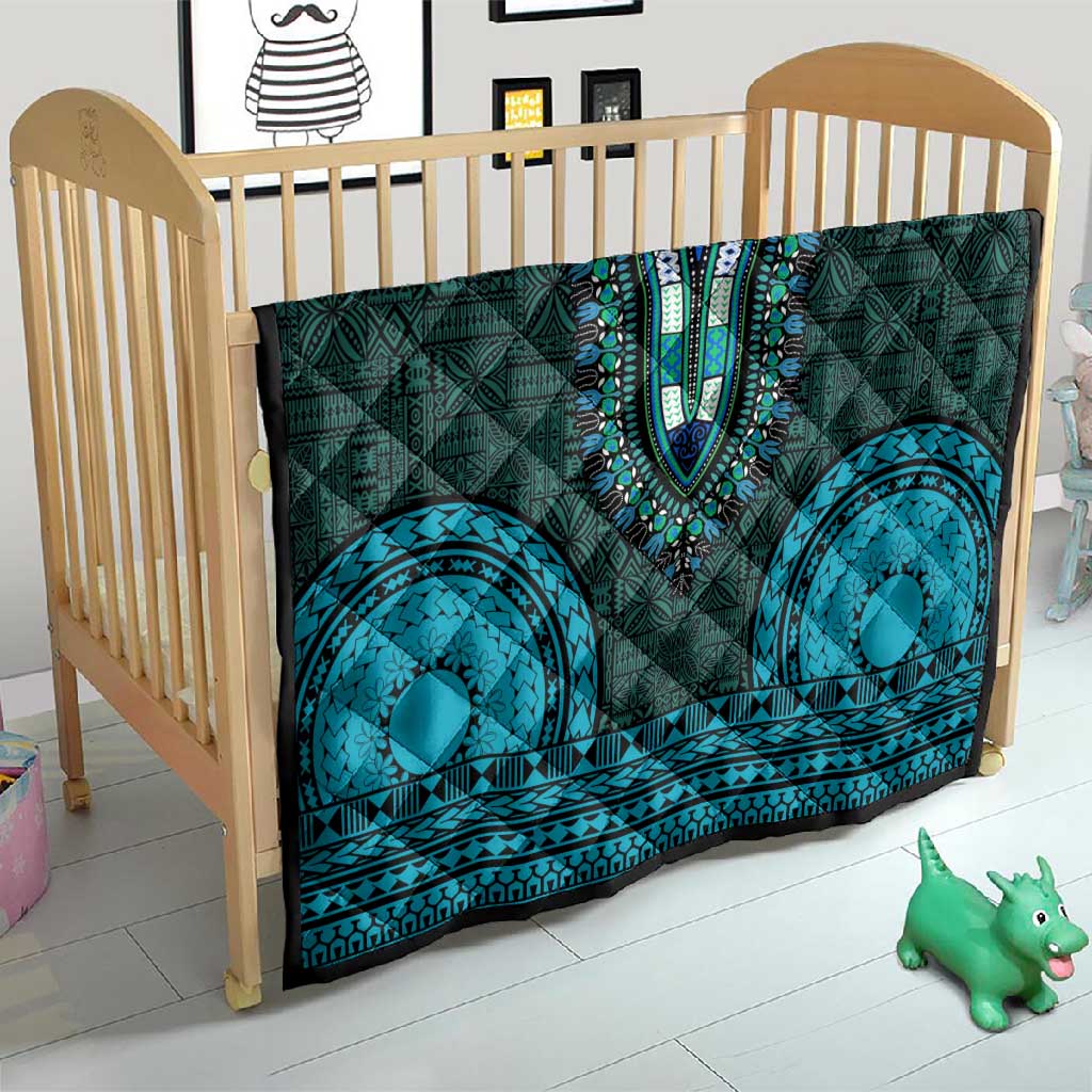 Teal Dashiki and Tapa Pattern Quilt Africa-Polynesia Together Culture LT9