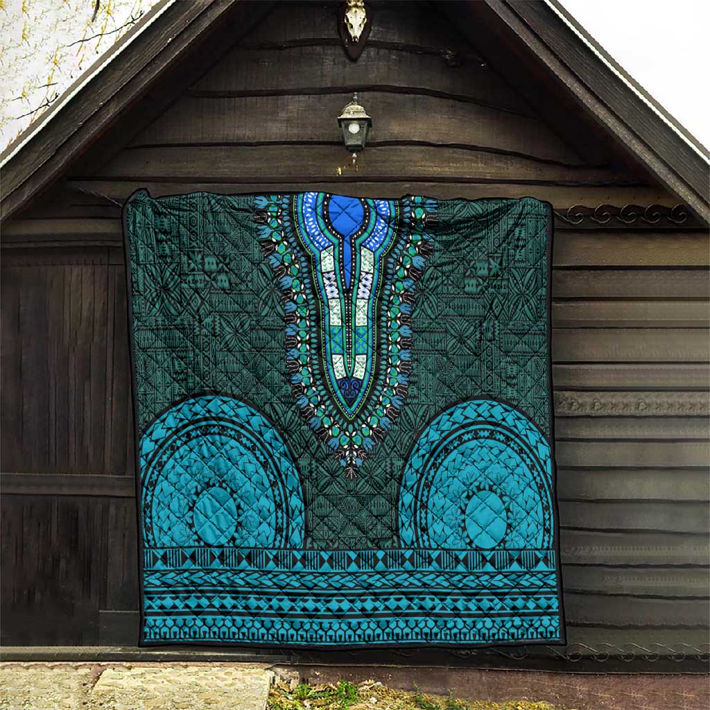 Teal Dashiki and Tapa Pattern Quilt Africa-Polynesia Together Culture LT9