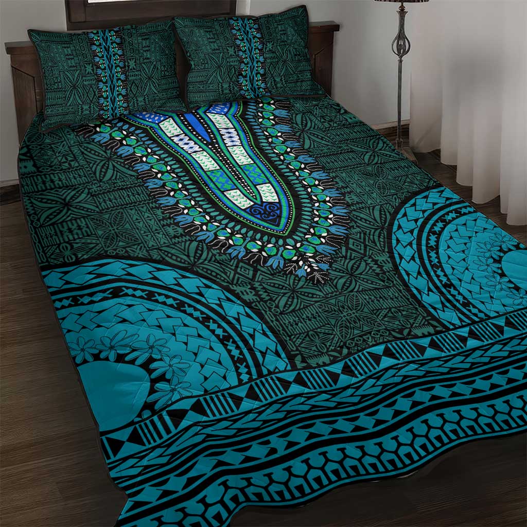 Teal Dashiki and Tapa Pattern Quilt Bed Set Africa-Polynesia Together Culture LT9