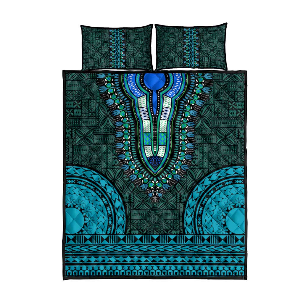 Teal Dashiki and Tapa Pattern Quilt Bed Set Africa-Polynesia Together Culture LT9