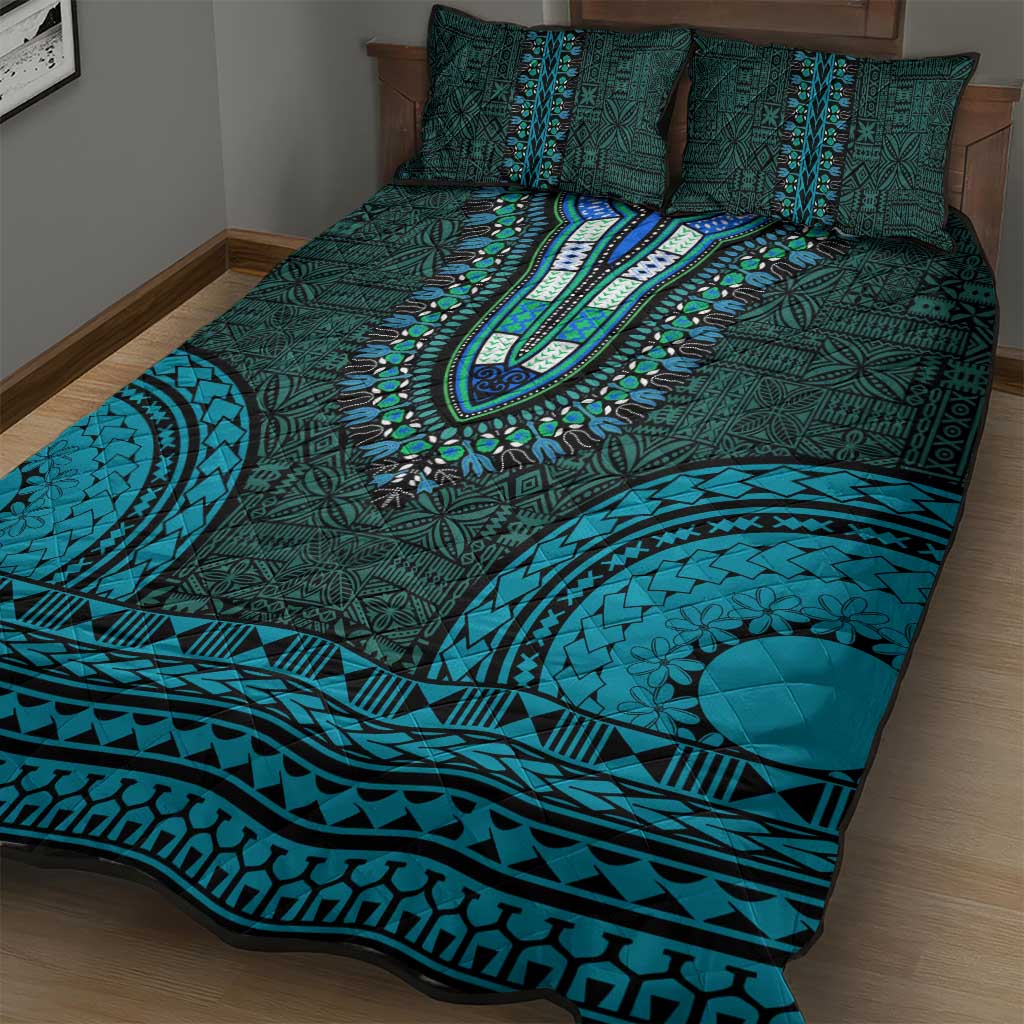 Teal Dashiki and Tapa Pattern Quilt Bed Set Africa-Polynesia Together Culture LT9