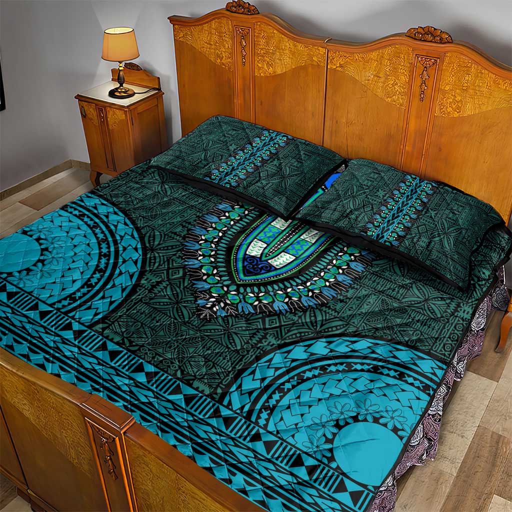 Teal Dashiki and Tapa Pattern Quilt Bed Set Africa-Polynesia Together Culture LT9