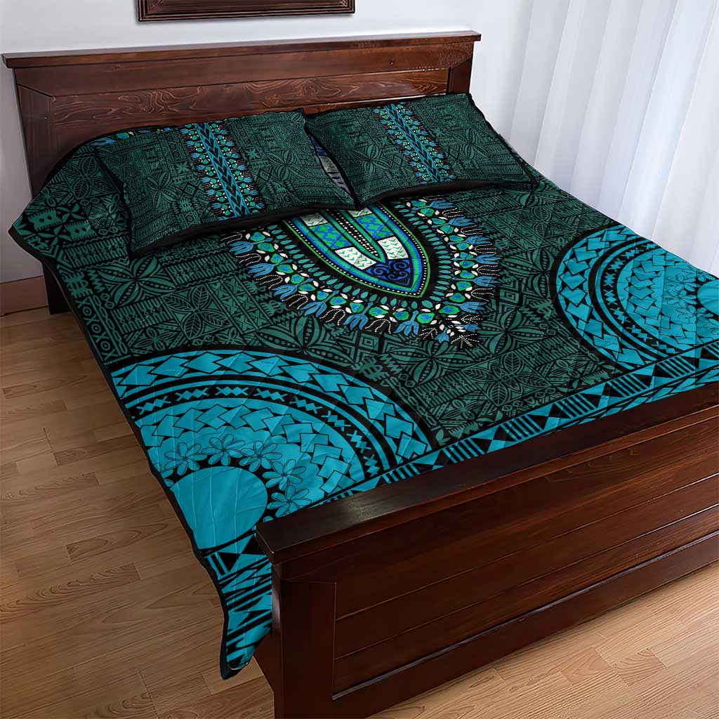 Teal Dashiki and Tapa Pattern Quilt Bed Set Africa-Polynesia Together Culture LT9
