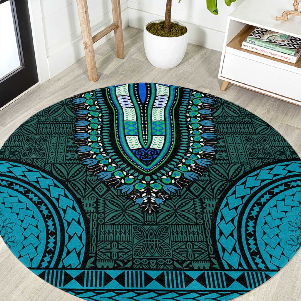 Teal Dashiki and Tapa Pattern Round Carpet Africa-Polynesia Together Culture LT9