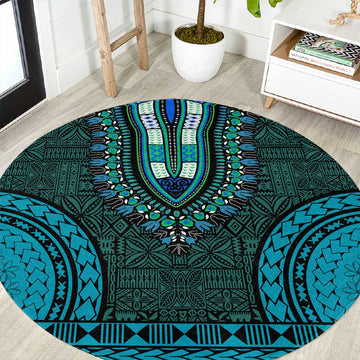 Teal Dashiki and Tapa Pattern Round Carpet Africa-Polynesia Together Culture LT9