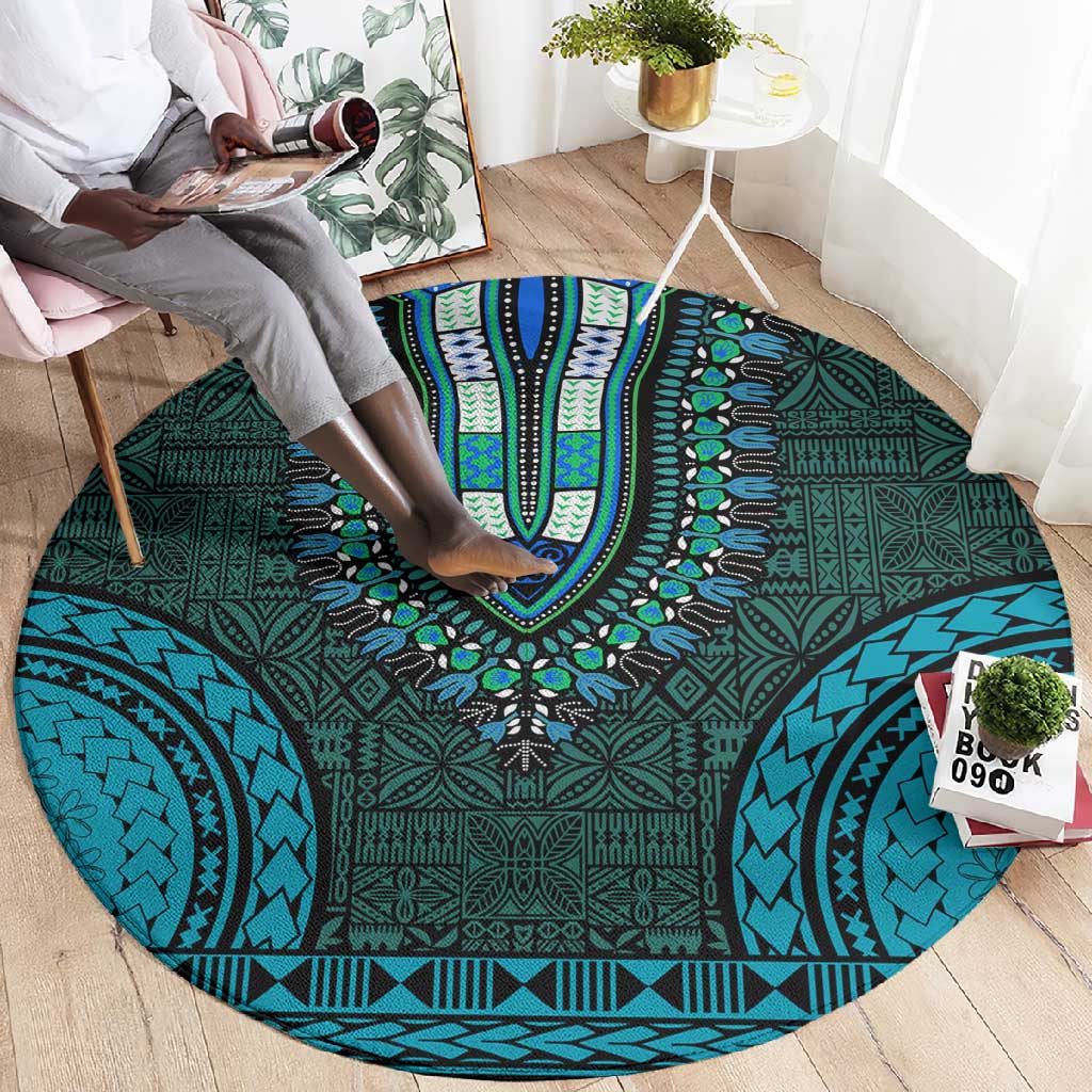 Teal Dashiki and Tapa Pattern Round Carpet Africa-Polynesia Together Culture LT9