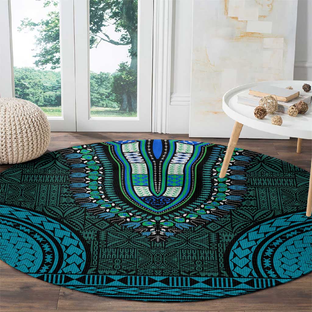 Teal Dashiki and Tapa Pattern Round Carpet Africa-Polynesia Together Culture LT9