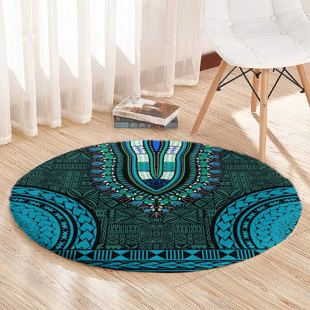 Teal Dashiki and Tapa Pattern Round Carpet Africa-Polynesia Together Culture LT9