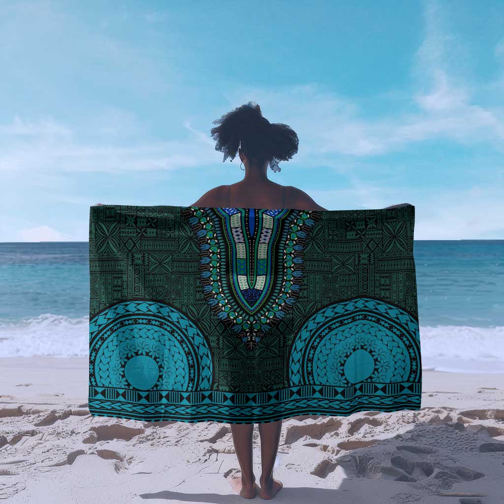 Teal Dashiki and Tapa Pattern Sarong Africa-Polynesia Together Culture LT9