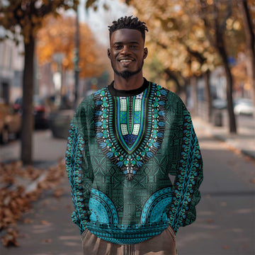 Teal Dashiki and Tapa Pattern Sweatshirt Africa-Polynesia Together Culture LT9