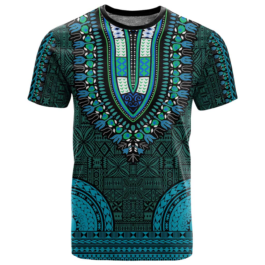 Teal Dashiki and Tapa Pattern T shirt Africa-Polynesia Together Culture LT9