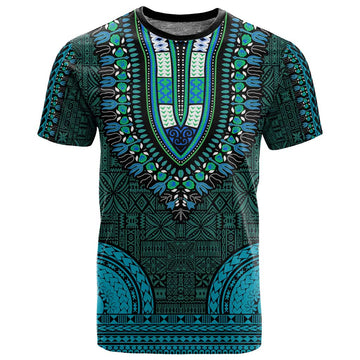 Teal Dashiki and Tapa Pattern T shirt Africa-Polynesia Together Culture LT9