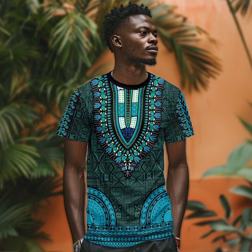 Teal Dashiki and Tapa Pattern T shirt Africa-Polynesia Together Culture LT9