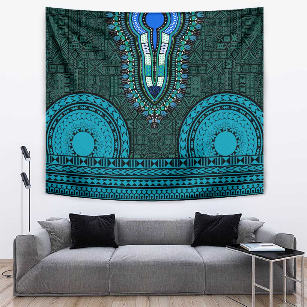 Teal Dashiki and Tapa Pattern Tapestry Africa-Polynesia Together Culture LT9