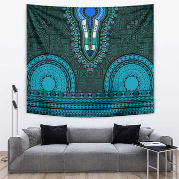 Teal Dashiki and Tapa Pattern Tapestry Africa-Polynesia Together Culture LT9