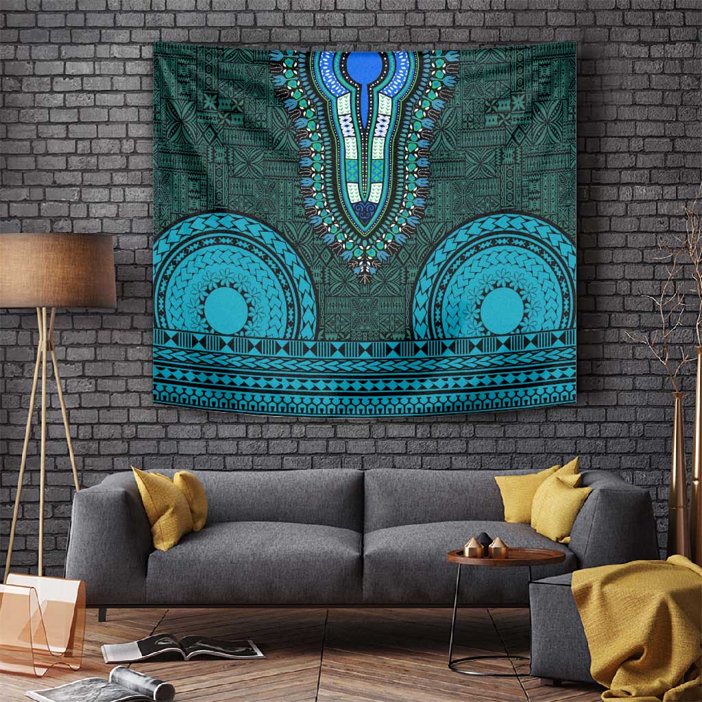 Teal Dashiki and Tapa Pattern Tapestry Africa-Polynesia Together Culture LT9