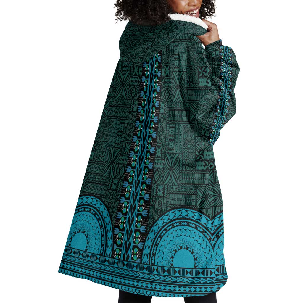 Teal Dashiki and Tapa Pattern Wearable Blanket Hoodie Africa-Polynesia Together Culture LT9