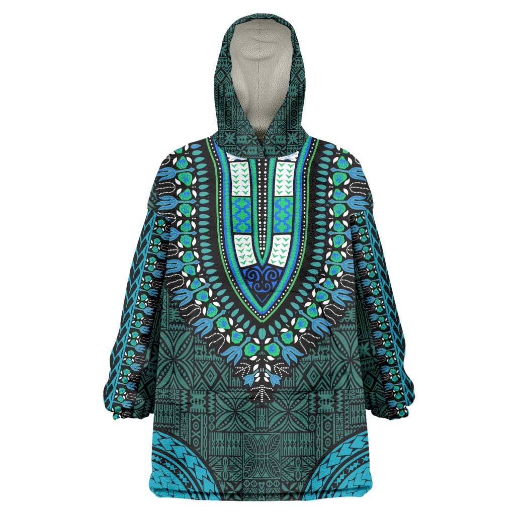 Teal Dashiki and Tapa Pattern Wearable Blanket Hoodie Africa-Polynesia Together Culture LT9