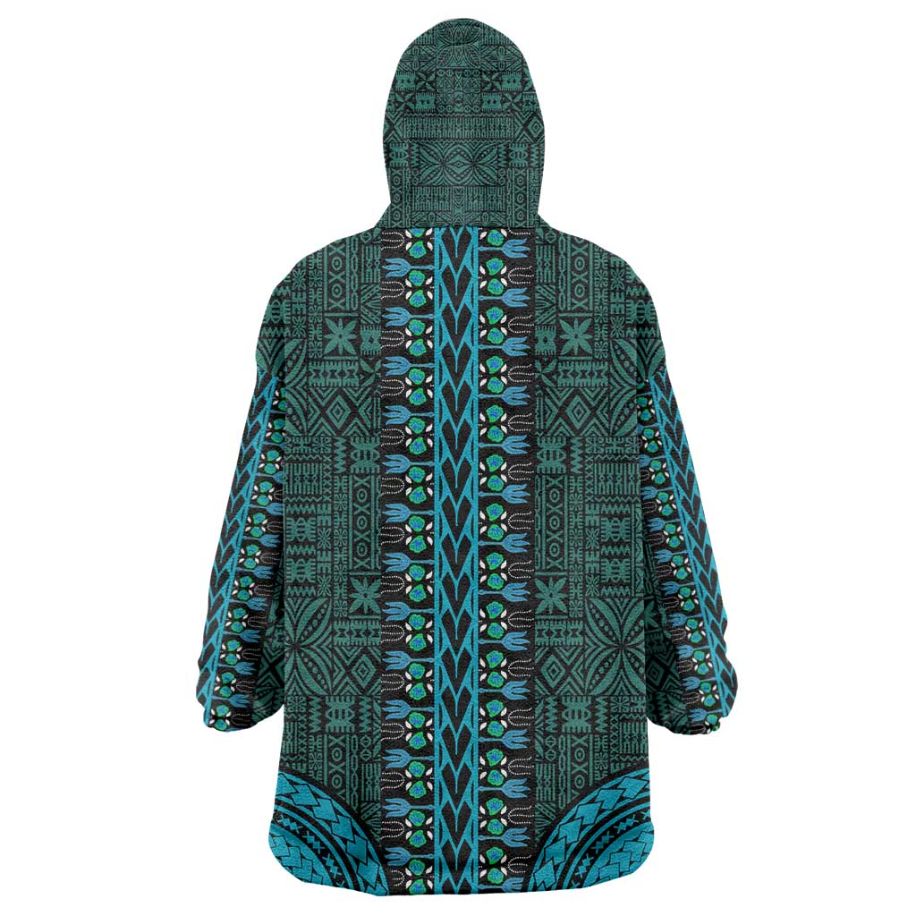 Teal Dashiki and Tapa Pattern Wearable Blanket Hoodie Africa-Polynesia Together Culture LT9