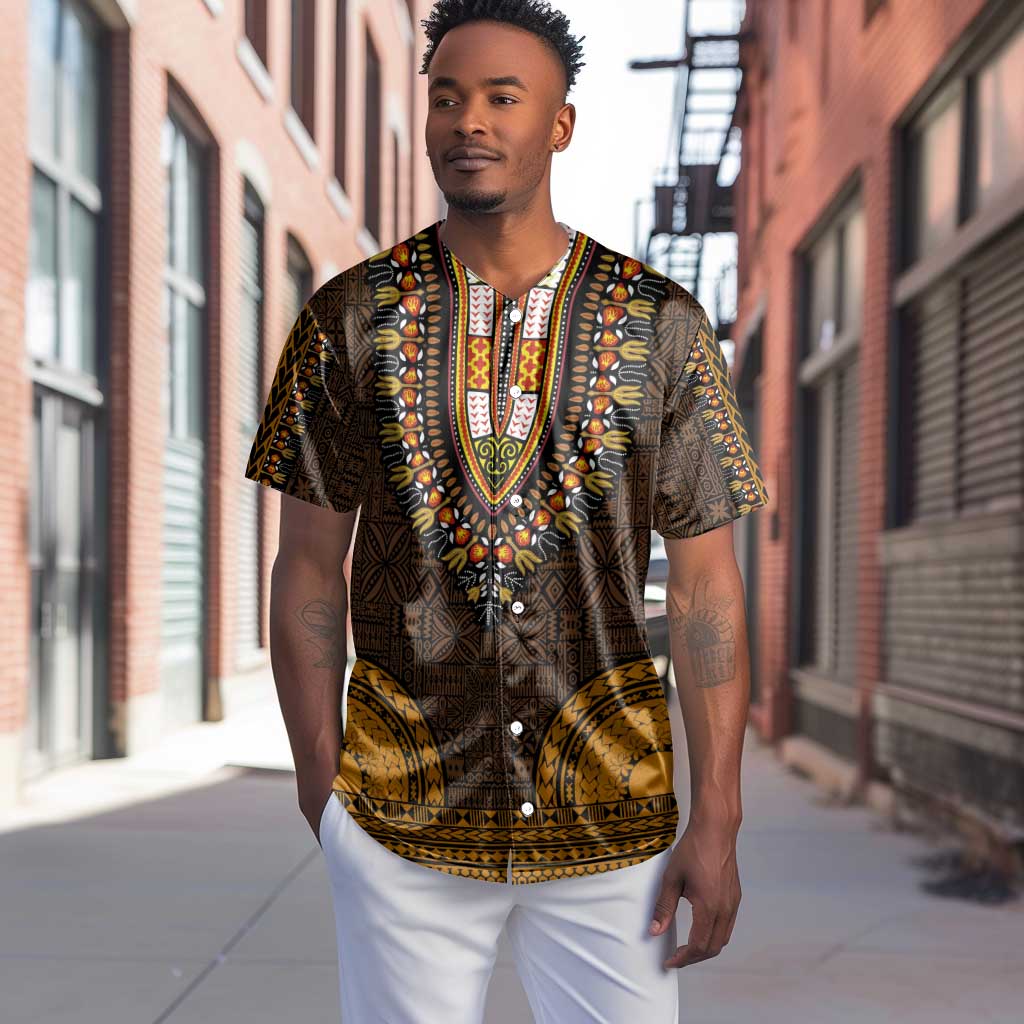 Gold Dashiki and Tapa Pattern Baseball Jersey Africa-Polynesia Together Culture LT9