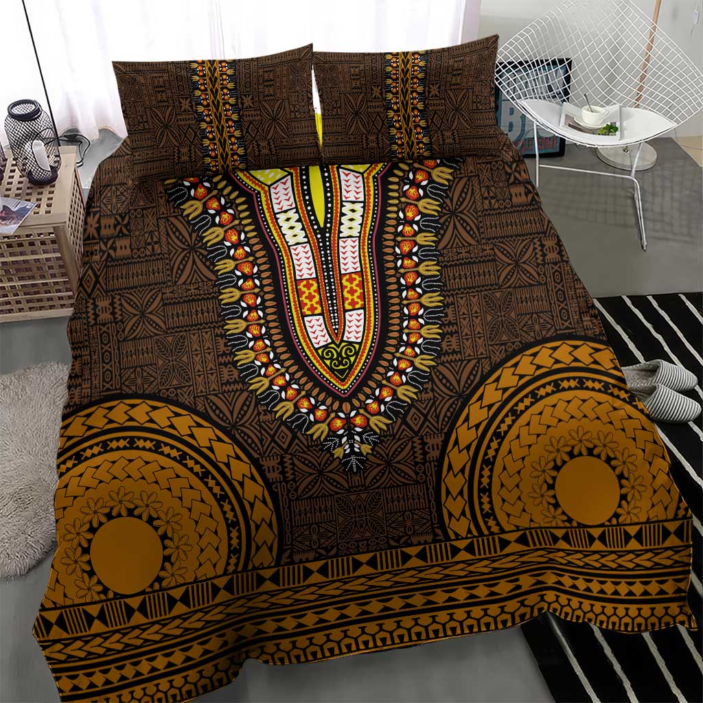 Gold Dashiki and Tapa Pattern Bedding Set Africa-Polynesia Together Culture LT9