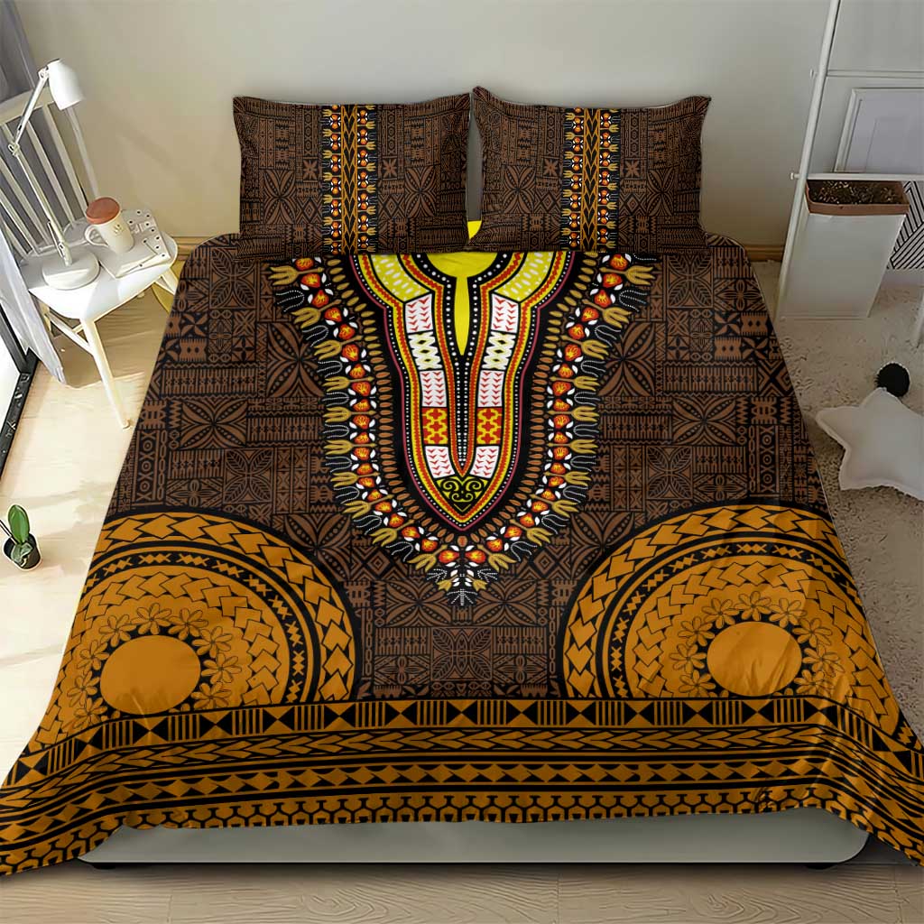 Gold Dashiki and Tapa Pattern Bedding Set Africa-Polynesia Together Culture LT9