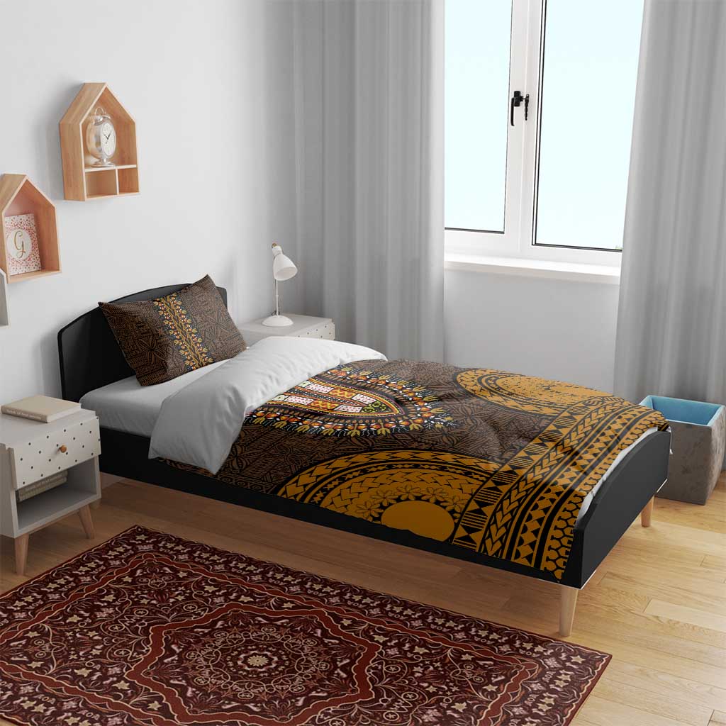 Gold Dashiki and Tapa Pattern Bedding Set Africa-Polynesia Together Culture LT9