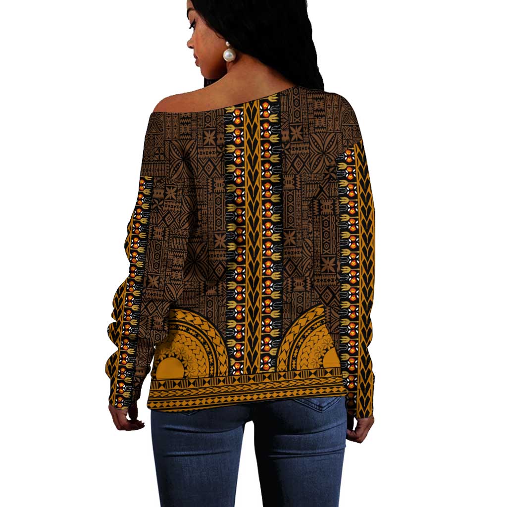 Gold Dashiki and Tapa Pattern Off Shoulder Sweater Africa-Polynesia Together Culture LT9
