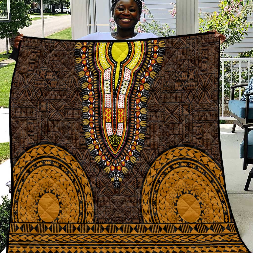Gold Dashiki and Tapa Pattern Quilt Africa-Polynesia Together Culture LT9