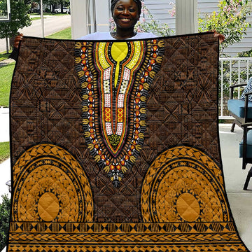Gold Dashiki and Tapa Pattern Quilt Africa-Polynesia Together Culture LT9