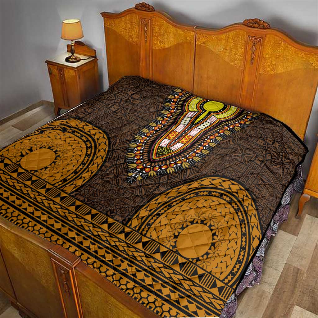 Gold Dashiki and Tapa Pattern Quilt Africa-Polynesia Together Culture LT9