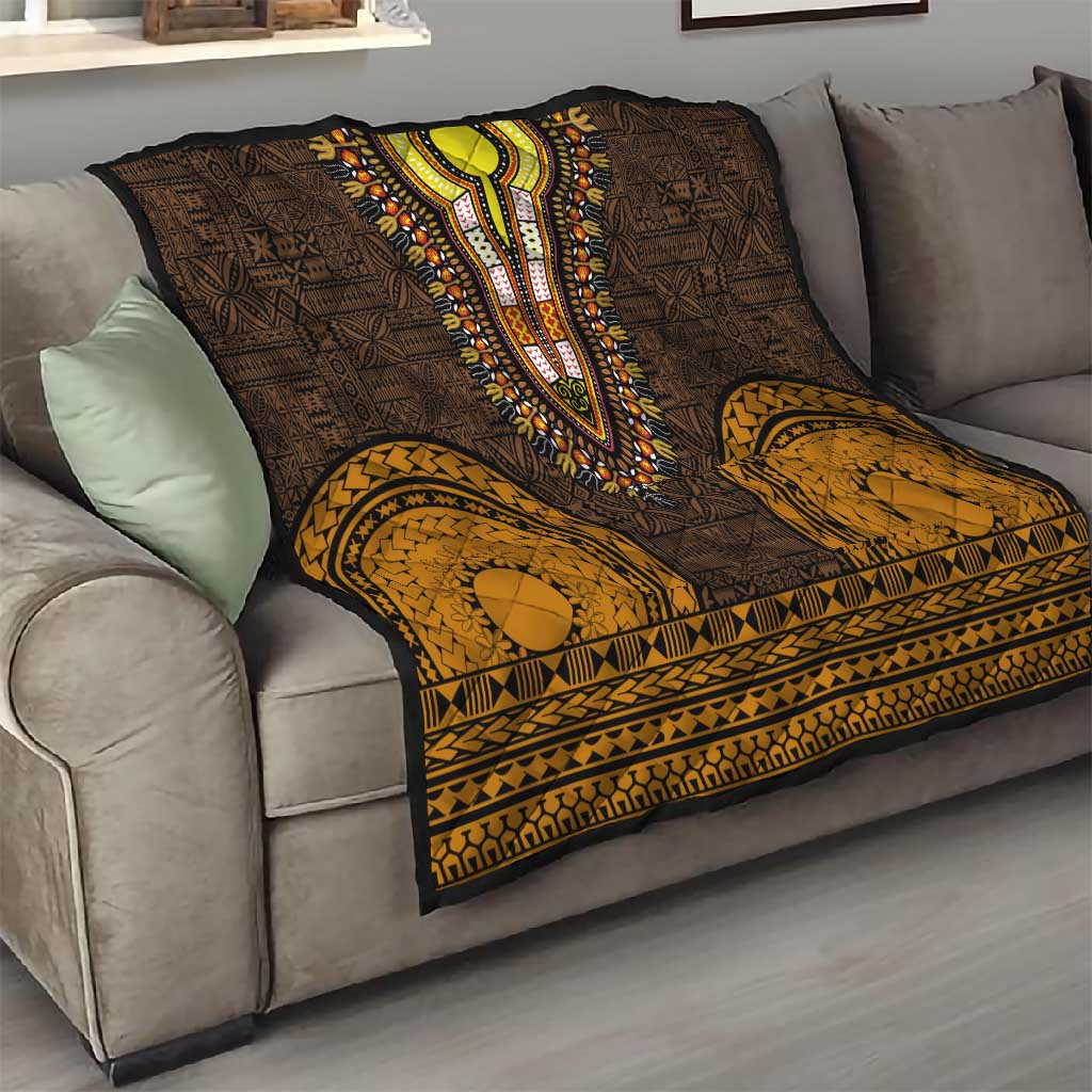 Gold Dashiki and Tapa Pattern Quilt Africa-Polynesia Together Culture LT9