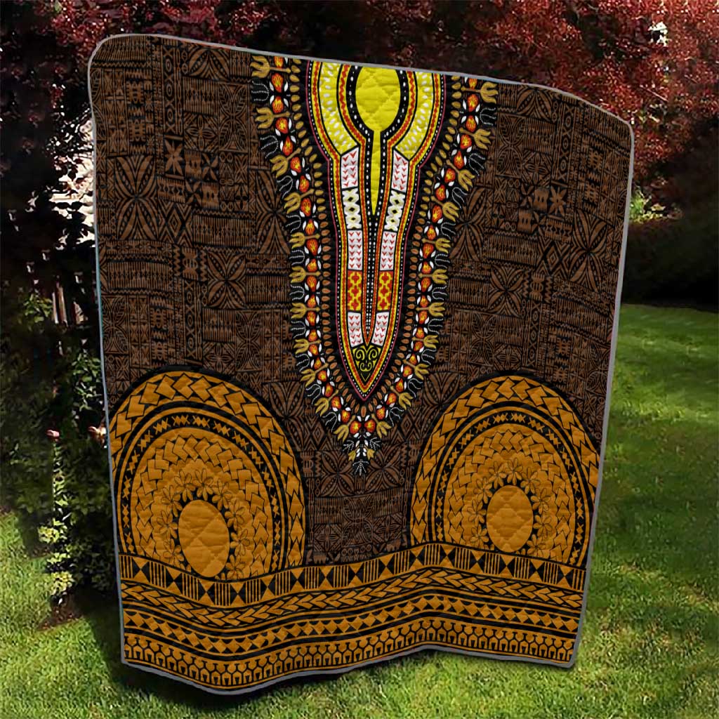 Gold Dashiki and Tapa Pattern Quilt Africa-Polynesia Together Culture LT9