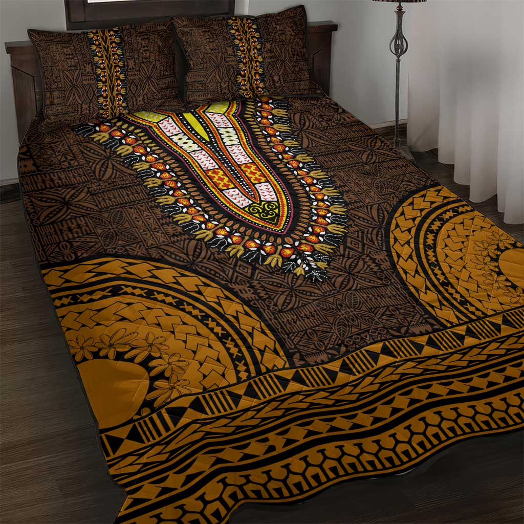 Gold Dashiki and Tapa Pattern Quilt Bed Set Africa-Polynesia Together Culture LT9