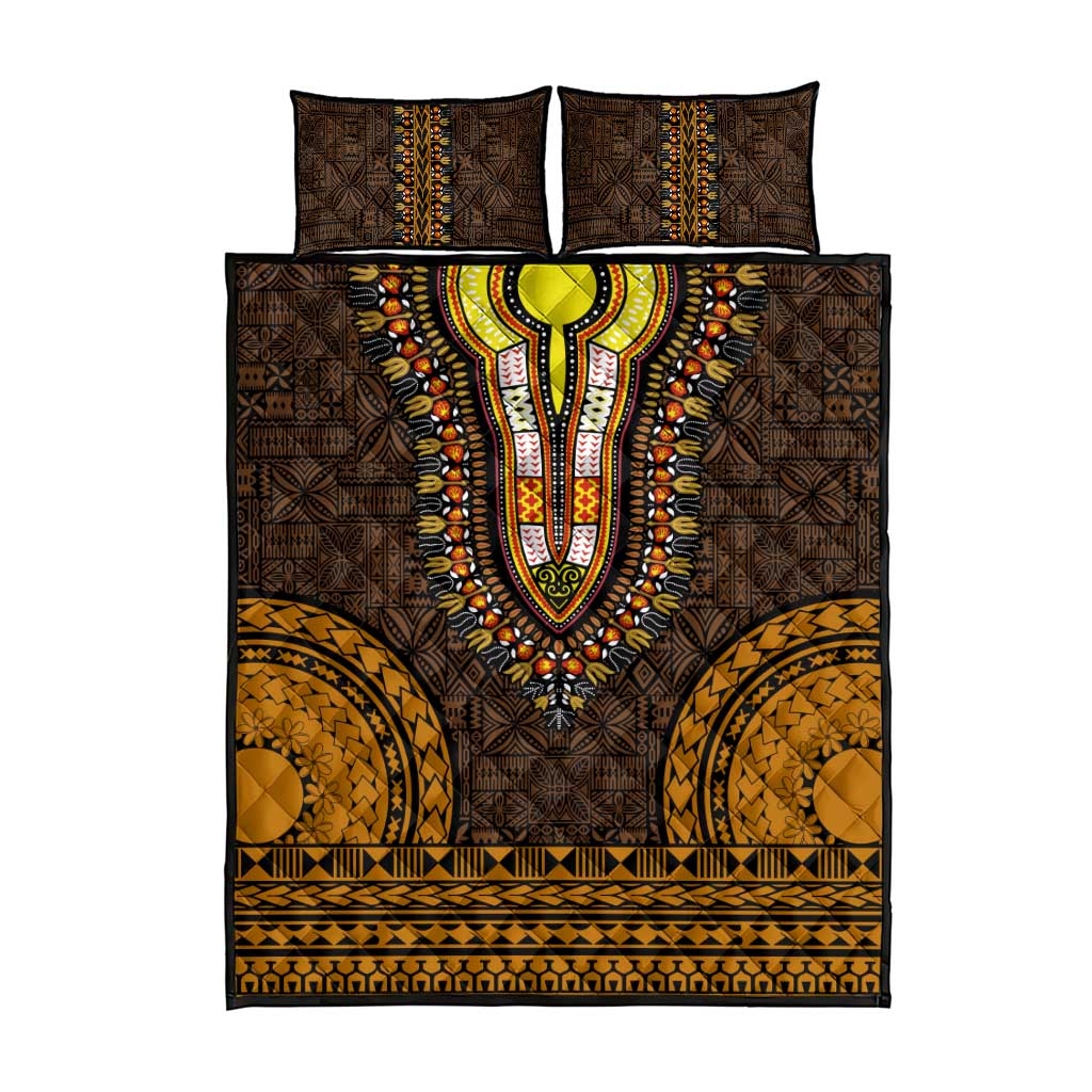 Gold Dashiki and Tapa Pattern Quilt Bed Set Africa-Polynesia Together Culture LT9