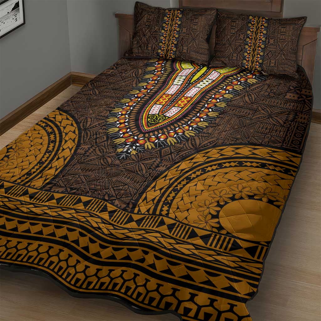 Gold Dashiki and Tapa Pattern Quilt Bed Set Africa-Polynesia Together Culture LT9